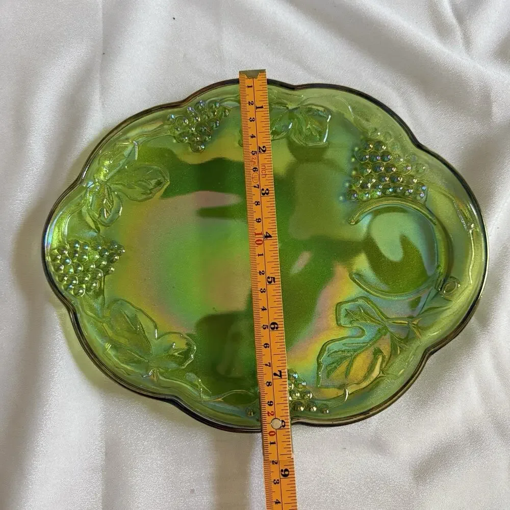Vtg Indiana Glass Lime Green Carnival Glass Harvest Grape 6 Pc Snack Set 4 Plt 2